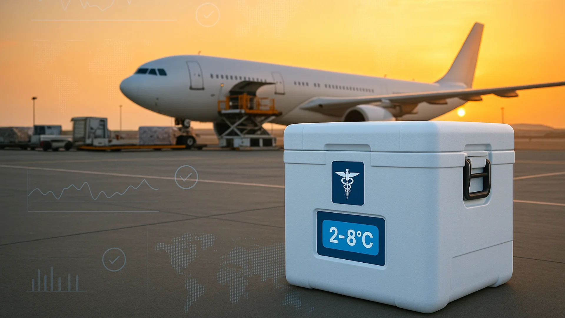 Pharmaceutical cold chain container displaying 2-8°C temperature control at African airport during tropical heat for vaccine and medicine transport logistics