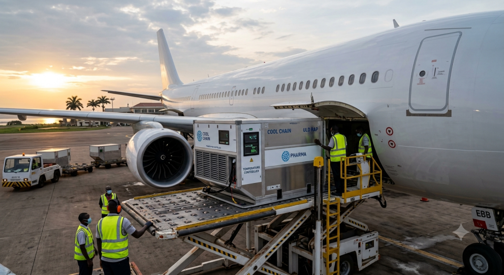 UK pharmaceutical export to East Africa - cargo plane loading medical supplies for GPD distribution to Kenya, Uganda, and Tanzania