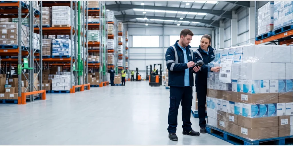 Pharmaceutical wholesale distributor UK — warehouse staff checking medicine inventory for global healthcare procurement