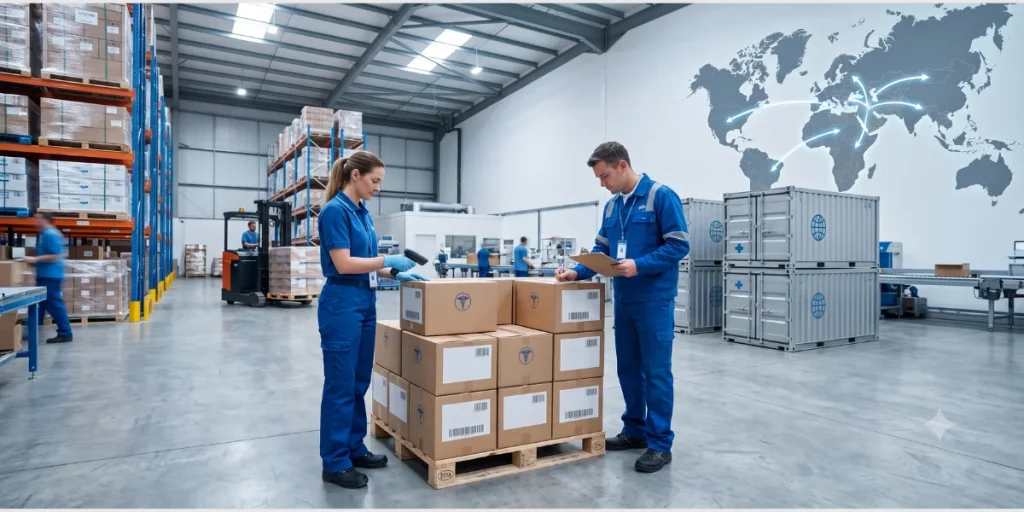 Pharmaceutical export solutions from the UK – warehouse team preparing medicine shipments for global distribution
