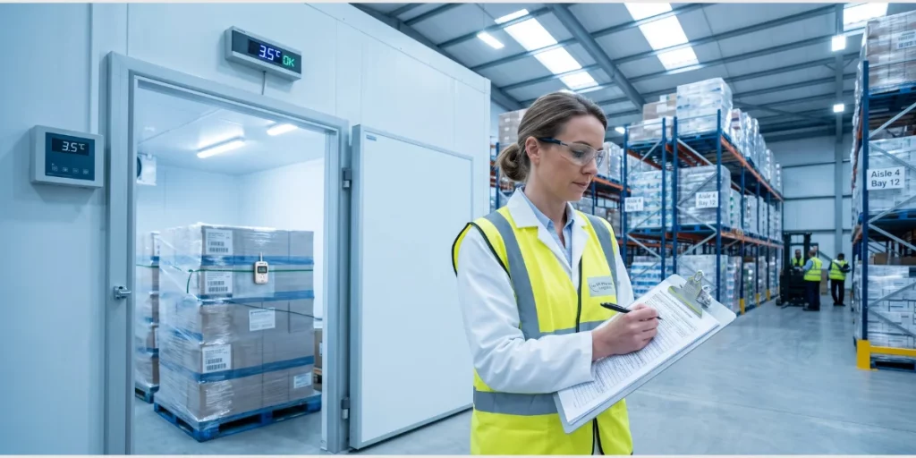 GDP pharma export compliance — quality officer inspecting temperature-controlled medicine storage in a UK warehouse