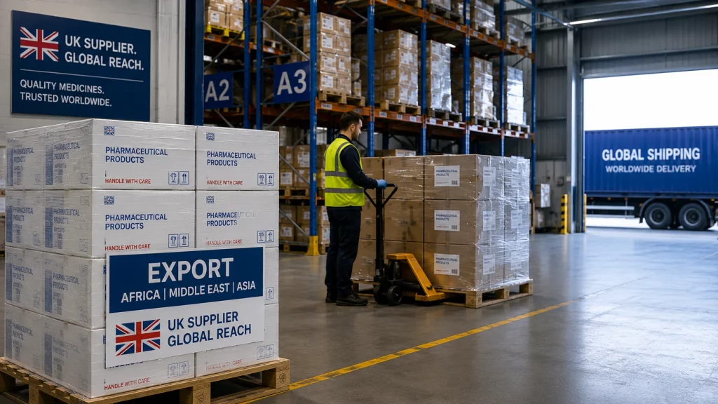 NGO Pharmaceutical Procurement Supplier UK preparing export-ready medicine pallets for global distribution.