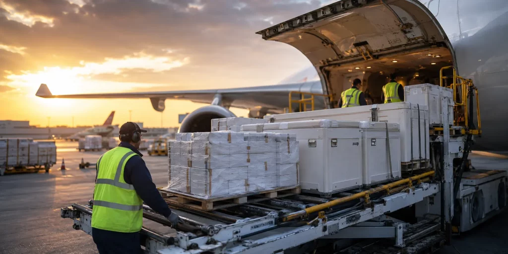 Pharmaceutical export to Tanzania, cargo plane loading temperature-controlled medical supplies for compliant distribution
