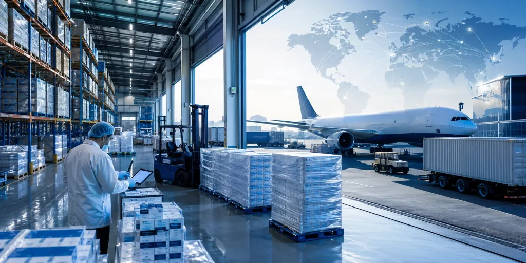 UK pharmaceutical warehouse with cargo plane and export logistics