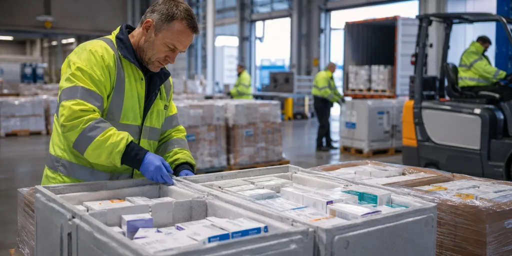 Government pharmaceutical procurement UK warehouse staff handling compliant medicine export pallets