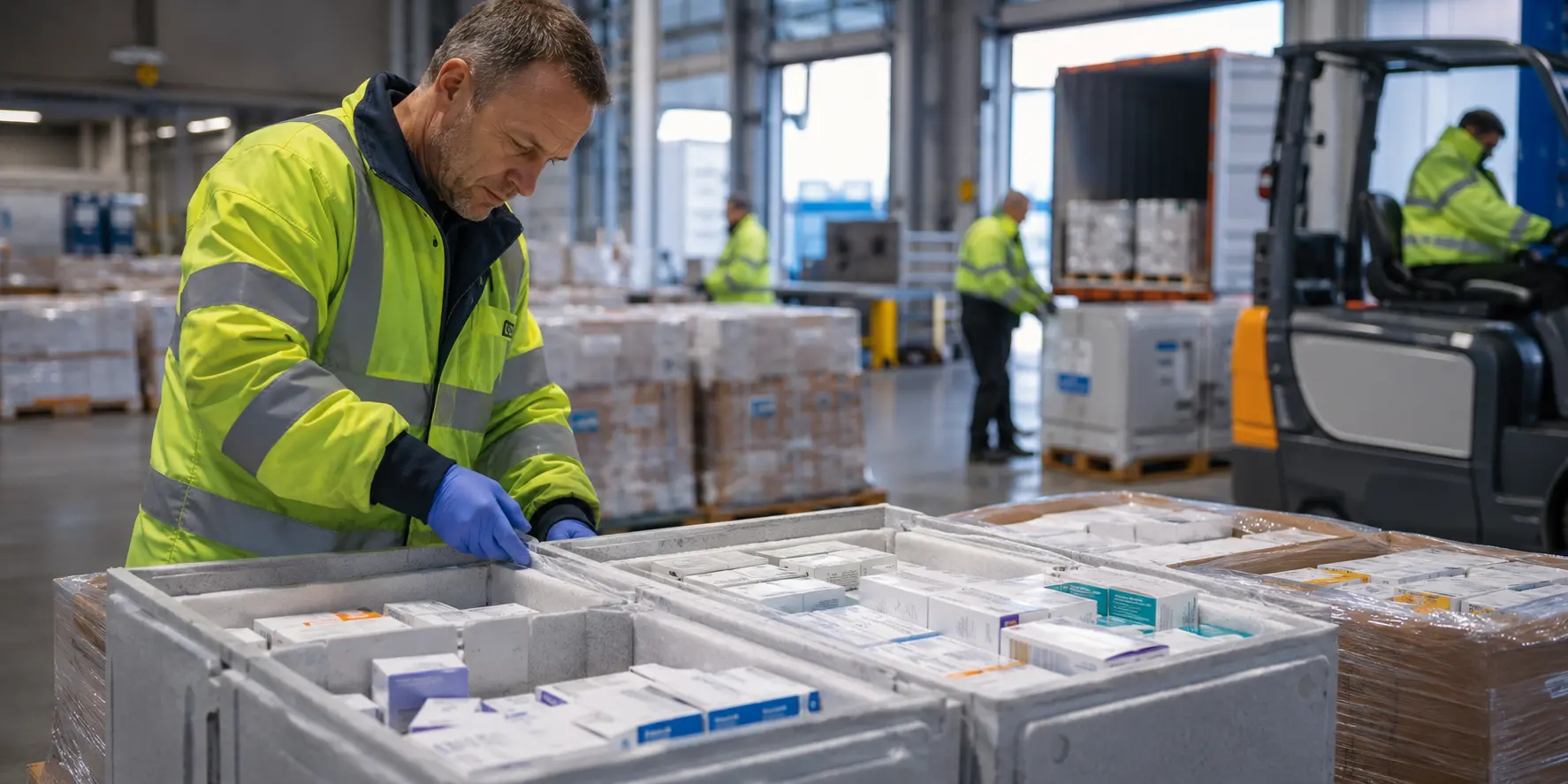 Government pharmaceutical procurement UK warehouse staff handling compliant medicine export pallets
