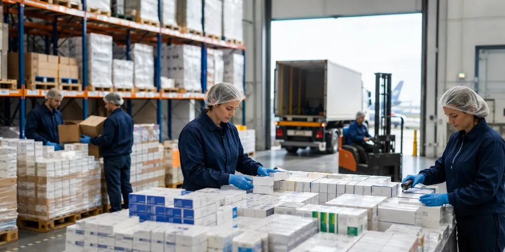 International pharmaceutical supplier UK warehouse preparing compliant medicine shipments for global export