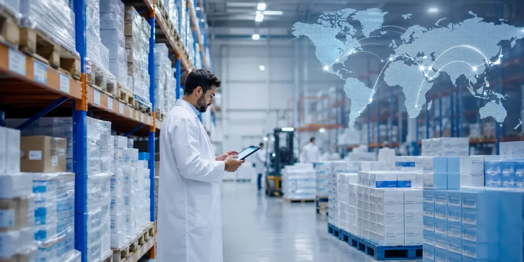 Licensed pharmaceutical wholesaler UK warehouse team managing compliant global medicine distribution