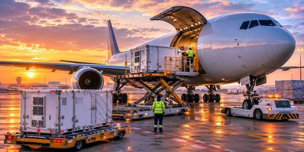 Medicine supply for NGOs in Africa from the UK, pharmaceutical cargo being loaded for export