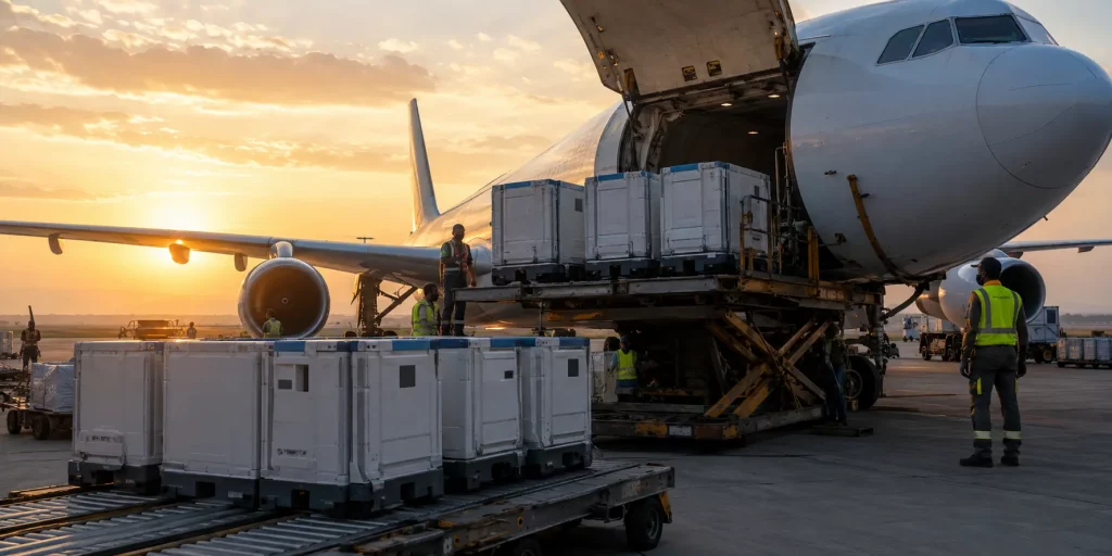 medicine supply to East Africa from the UK - pharmaceutical cargo loading onto freight aircraft