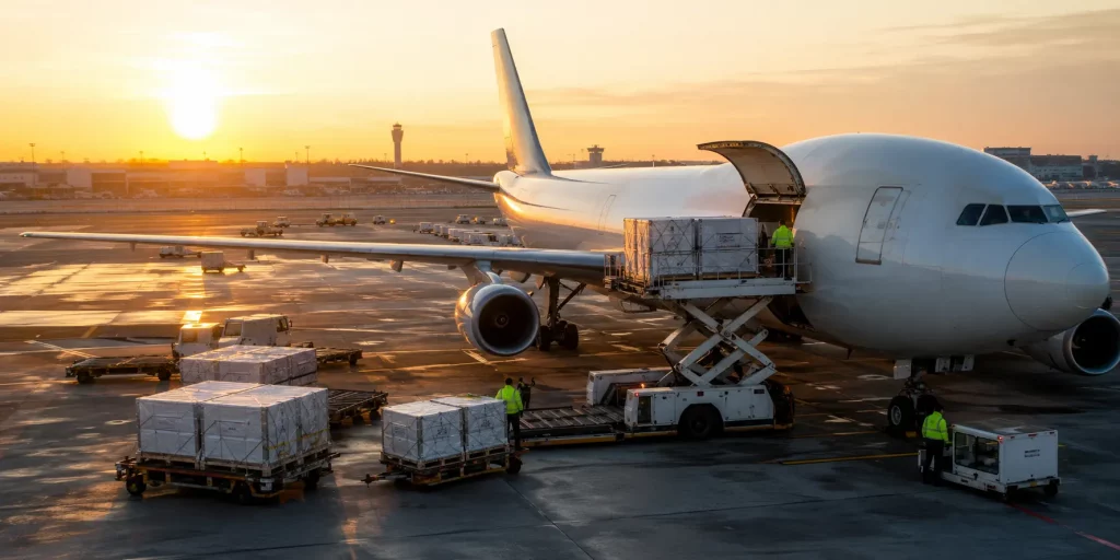 Medicine supply to NGOs in Africa from the UK, cargo plane loading pharmaceutical shipments