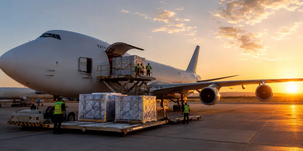 Medicine supply from UK to Uganda - pharmaceutical cargo being loaded onto a freight aircraft