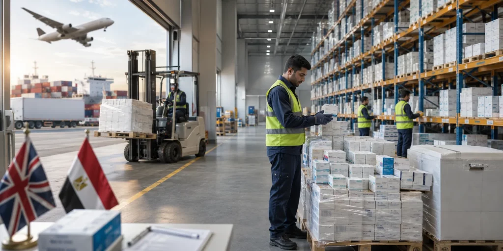 Middle East pharmaceutical wholesale distribution warehouse supporting institutional procurement.