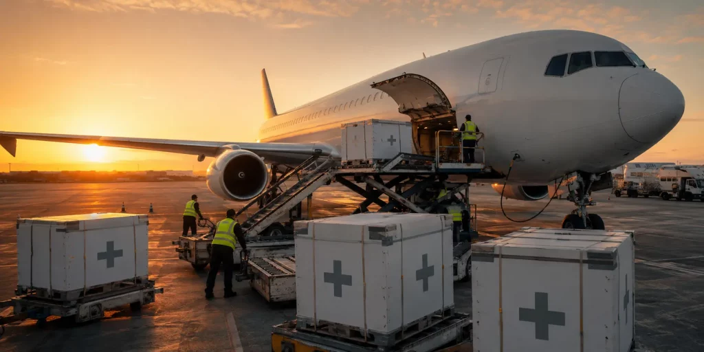 NGO pharmaceutical supplier Nigeria from UK, cargo plane loading compliant medicine shipments for NGO health programmes.
