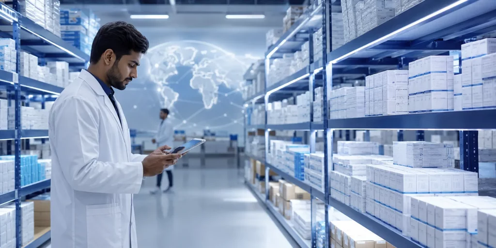 Pharmaceutical distribution regulatory compliance warehouse with organized medicine storage