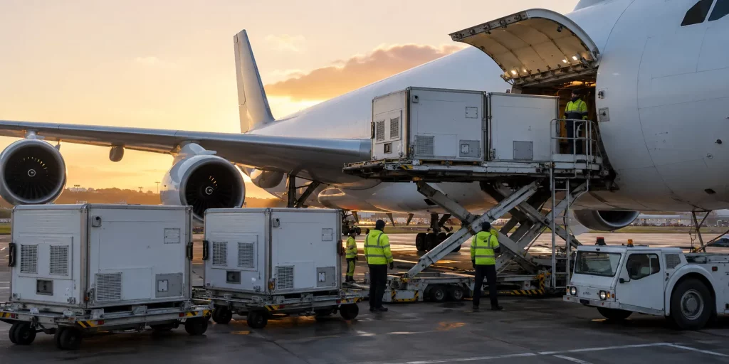 Pharmaceutical distribution from the UK to East Africa - cargo aircraft loading temperature-controlled medical shipments