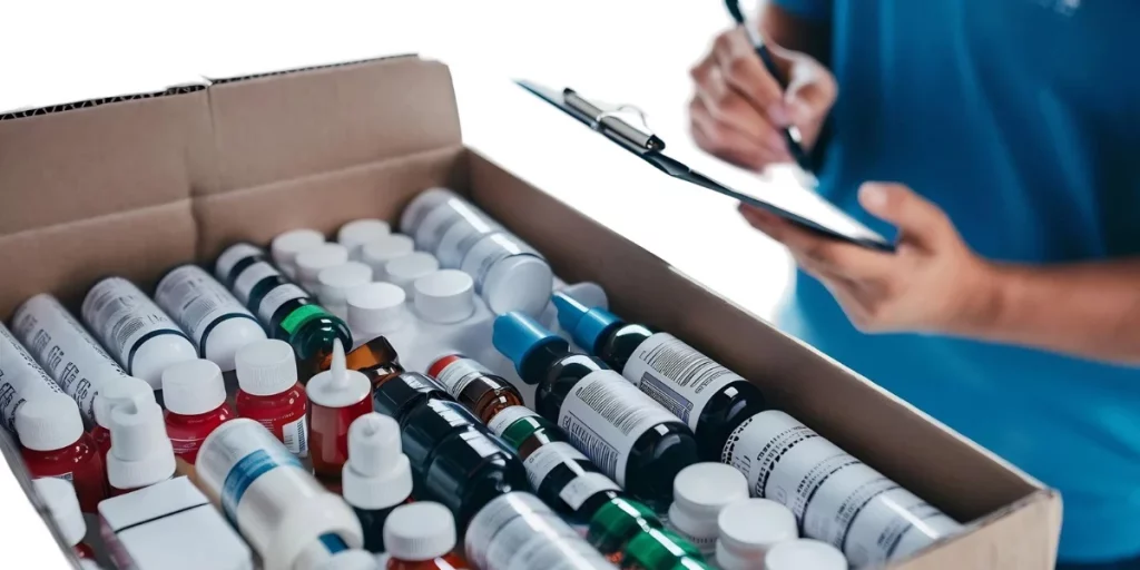 Pharmaceutical export company UK preparing a carton of labelled medicines with quality and compliance checks for international procurement.