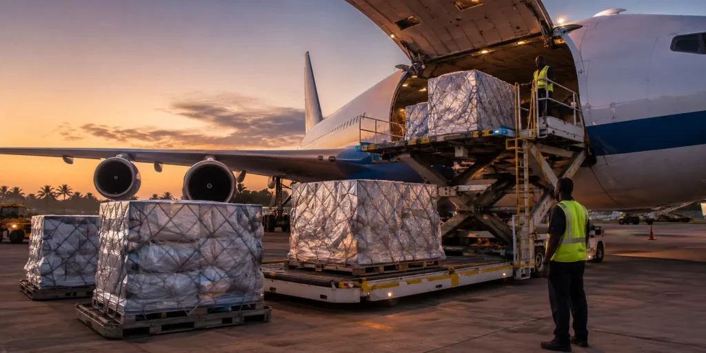 Pharmaceutical export to Ghana, cargo plane loading medical supplies for compliant UK distribution.