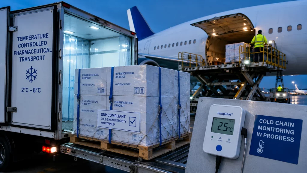 Cold chain logistics for pharmaceutical export to Saudi Arabia, showing temperature-controlled pharma shipment loading