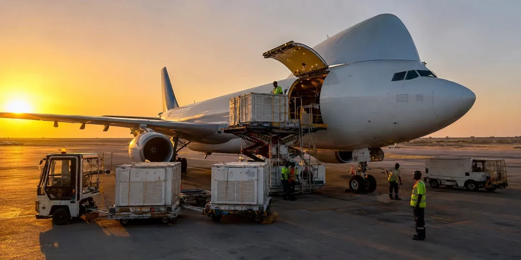Pharmaceutical supply for hospitals in Africa being loaded onto a cargo aircraft in the UK