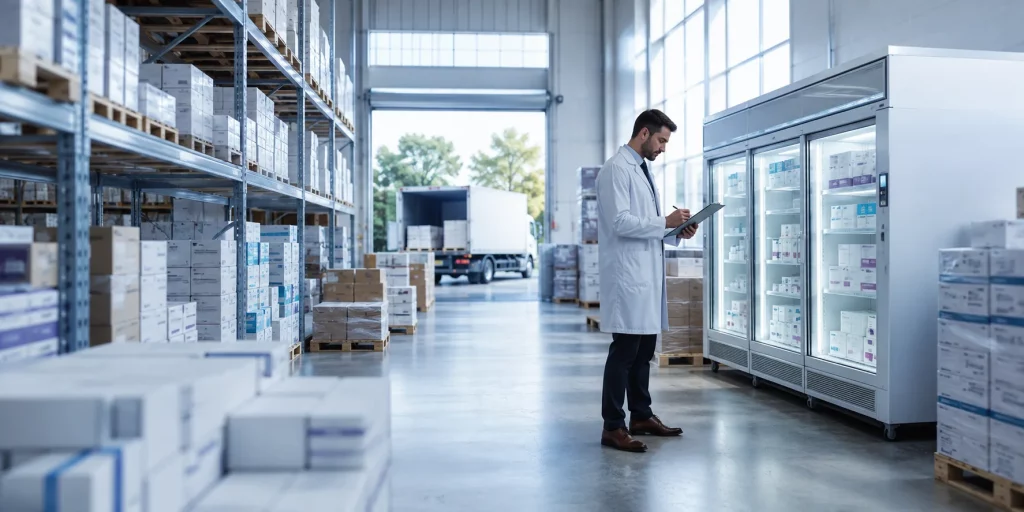 Pharmaceutical wholesale distributor UK warehouse with organized medical packaging and cold-chain storage