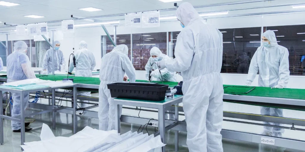 Pharmaceutical staff in cleanroom suits sourcing medicine from UK to Kenya during GDP-compliant packing