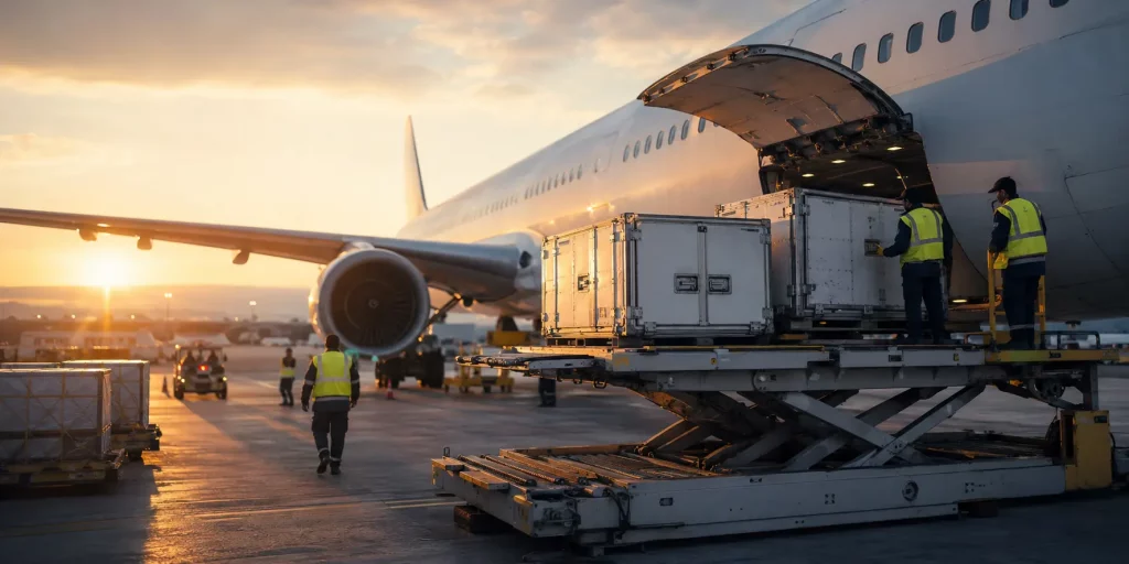 UK pharmaceutical export to East Africa, cargo plane loading temperature-controlled medical supplies for institutional buyers