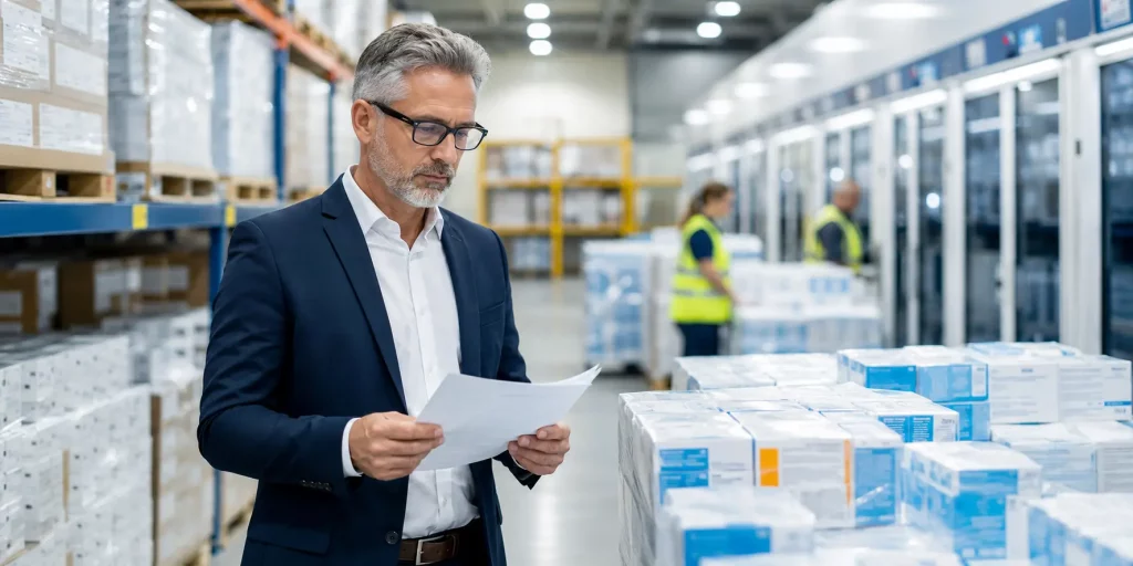 Global procurement officers reviewing UK pharmaceutical wholesale distributor shipment for compliant international supply