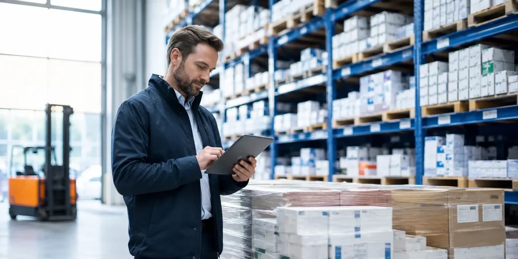 pharmacy pharmaceutical procurement supplier reviewing compliant medicine distribution in a UK warehouse