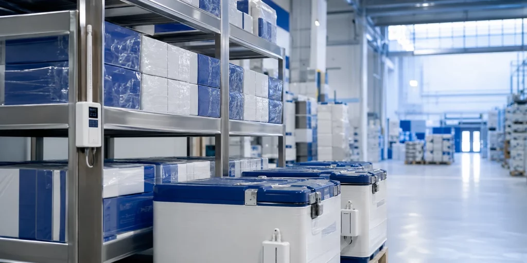 Global Fund pharmaceutical supply from the UK prepared for export in a temperature-controlled distribution facility