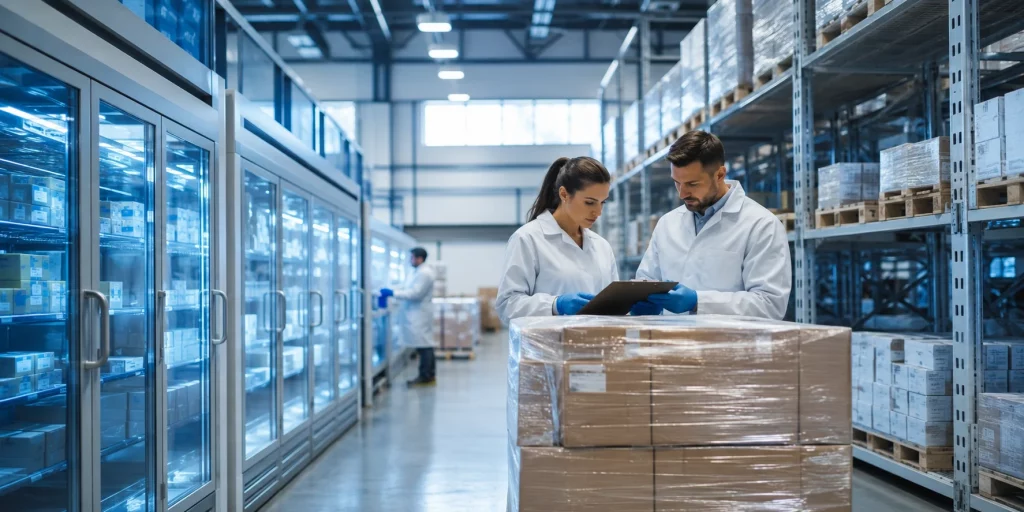 Hospital pharmaceutical procurement from a UK exporter - temperature-controlled warehouse staff preparing GDP-compliant medicine consignments for institutional buyers