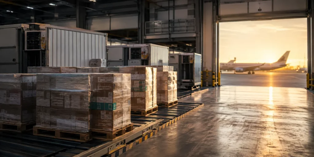 Humanitarian pharmaceutical supply prepared for East Africa export at a GDP-compliant UK distribution warehouse loading dock