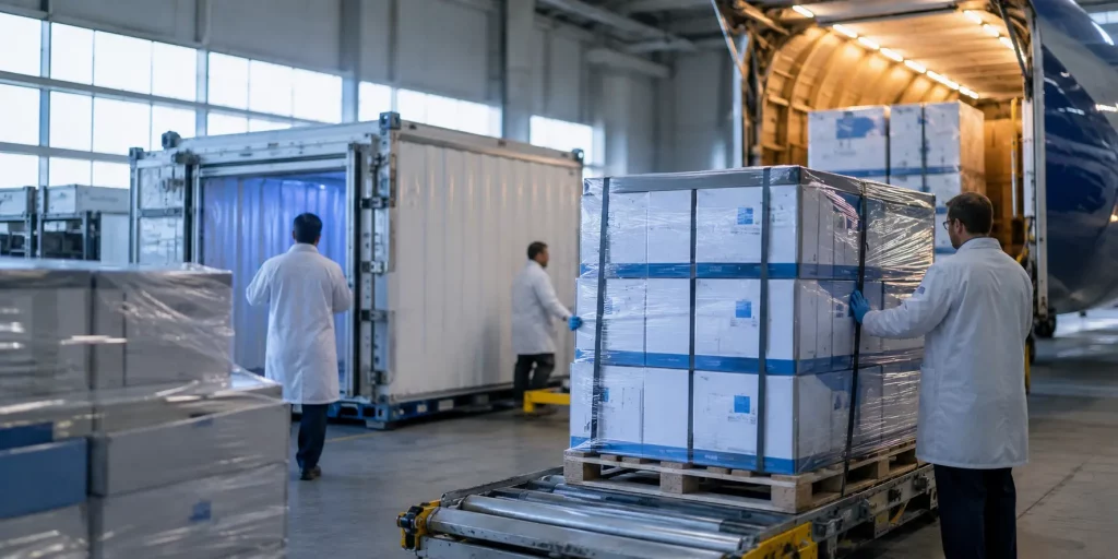 Humanitarian pharmaceutical supply from the UK prepared for export to NGO and institutional health programmes