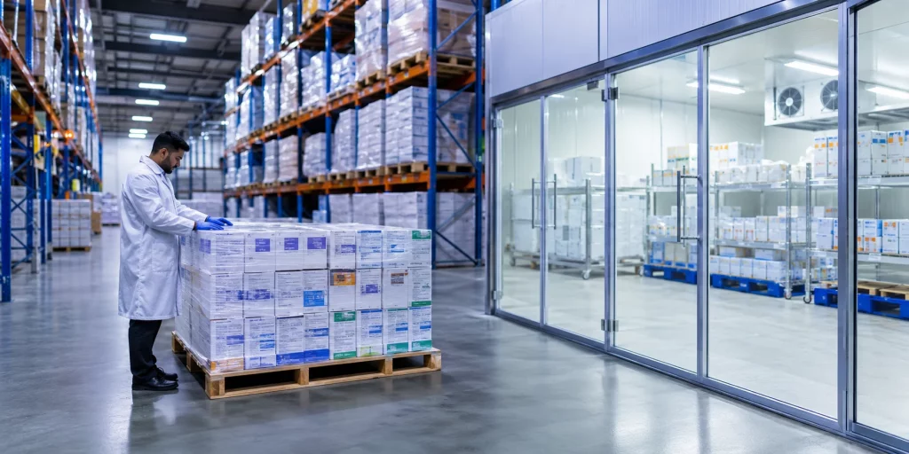 Licensed pharmaceutical wholesaler UK warehouse with GDP-compliant cold chain storage for global institutional procurement