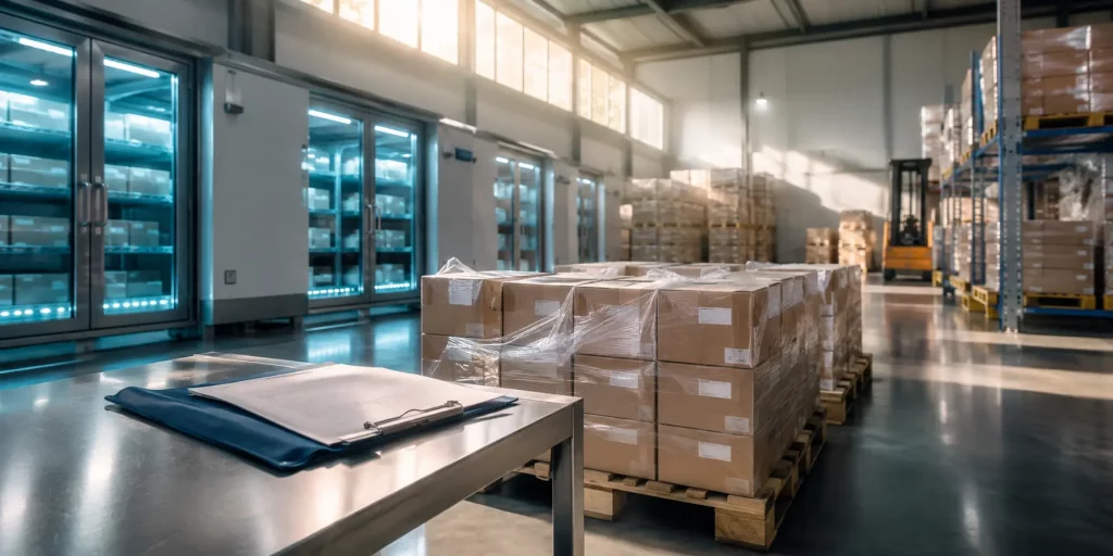 NGO pharmaceutical supplier Kenya from UK preparing GDP-compliant medical consignments in a temperature-controlled UK distribution facility