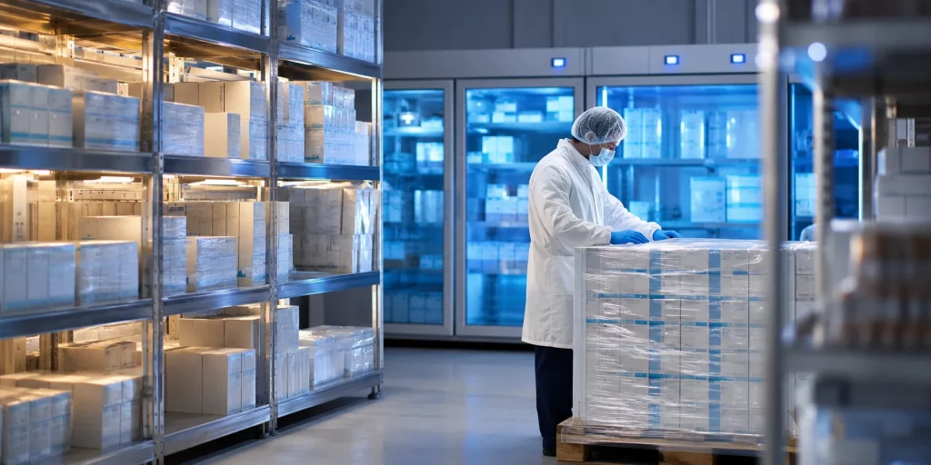 PEPFAR pharmaceutical supply partner UK cold chain facility preparing compliant medicine shipments for institutional buyers in Africa and Asia