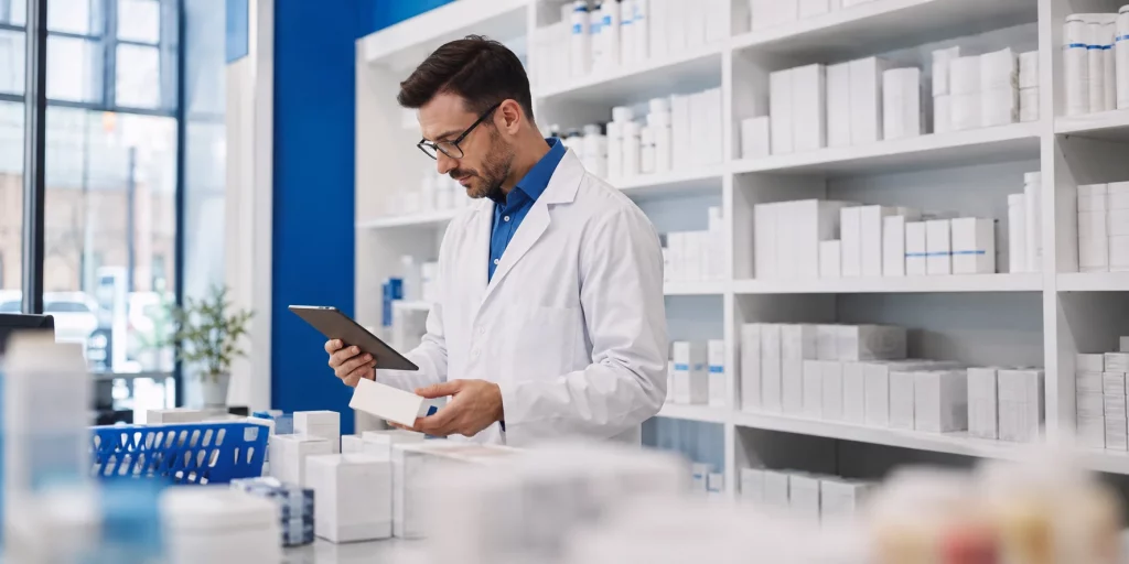 Pharmaceutical supplier independent pharmacy UK - pharmacist checking compliant medicine stock from Global Pharma Distributor