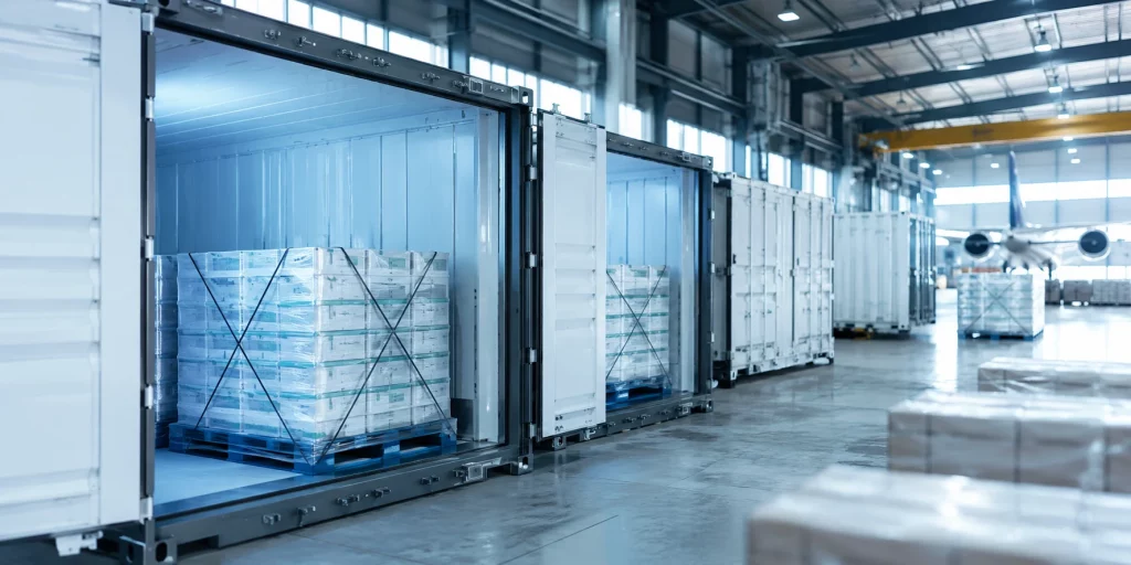 Emergency medicine supply for humanitarian operations prepared for export at a UK pharmaceutical distribution facility