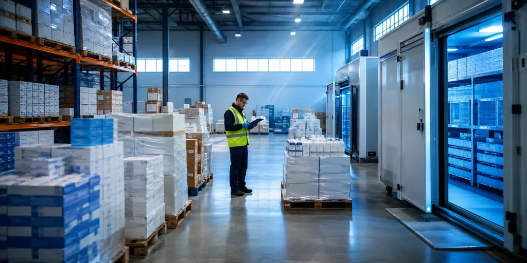 USAID medicine supply prepared for export in an MHRA-licensed UK pharmaceutical distribution warehouse with cold chain storage