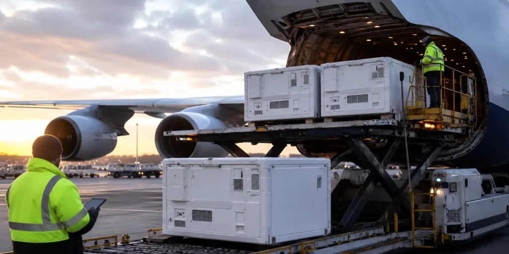 Medicine supply West Africa from UK — pharmaceutical air cargo shipment being loaded for export.
