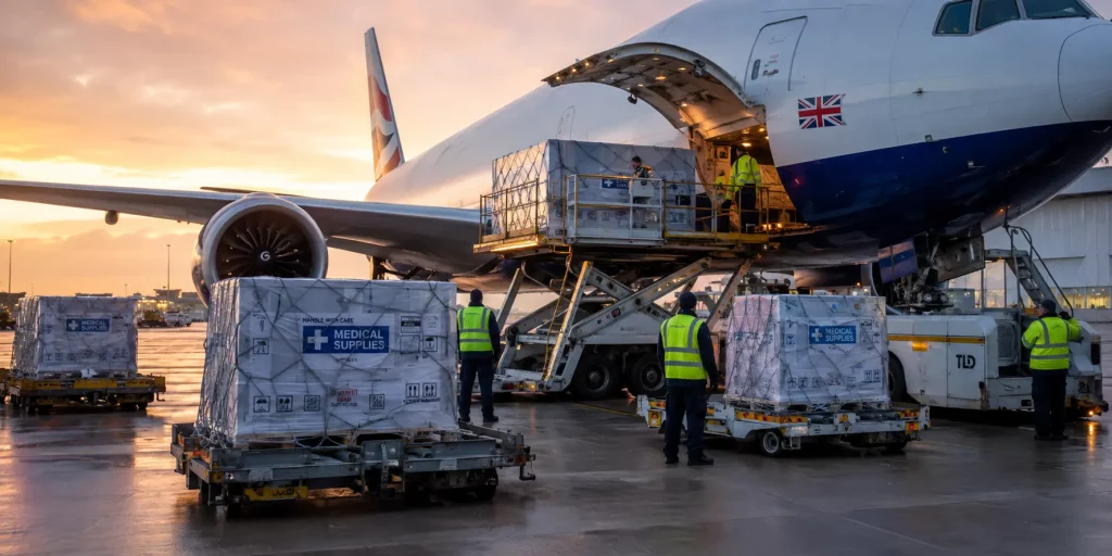 Pharmaceutical export to Cote d'Ivoire from the UK - medical cargo loading at airport