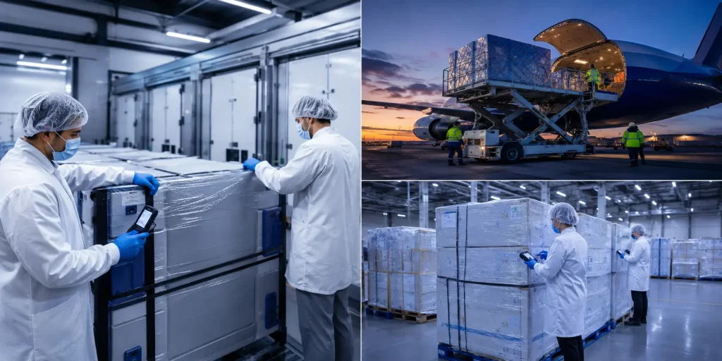 Pharmaceutical GDP cold chain compliance monitoring in a temperature-controlled distribution warehouse