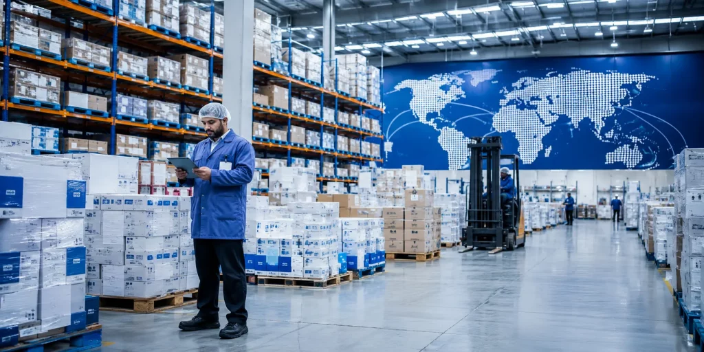 Pharmaceutical supplier for INGO health programmes preparing bulk medical shipments in a compliant UK distribution warehouse