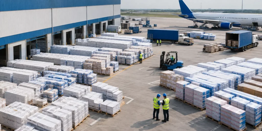 UK pharmaceutical export compliance guide illustration of a licensed pharmaceutical warehouse and logistics hub
