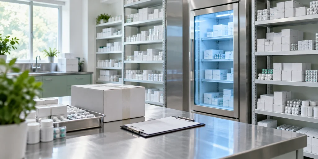 Clinic pharmaceutical procurement store room with temperature-controlled medicine storage at a UK supplier facility