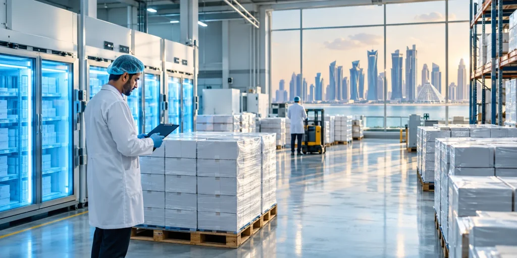 Compliant pharmaceutical export to Qatar - temperature-controlled medicine cartons prepared for MOPH-compliant shipment from a UK distribution facility