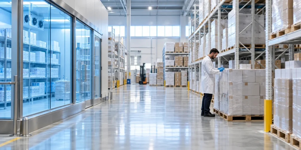 GDP compliant pharmaceutical wholesale facility in the UK with temperature-controlled storage for international institutional supply