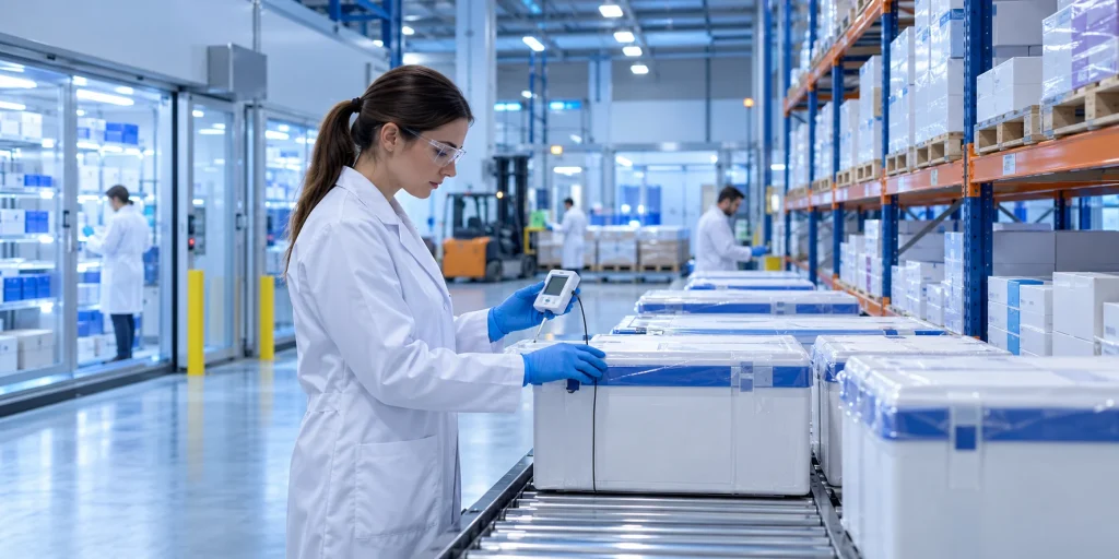 GDP compliant pharmaceutical wholesale UK quality officer checking temperature-controlled medicine storage