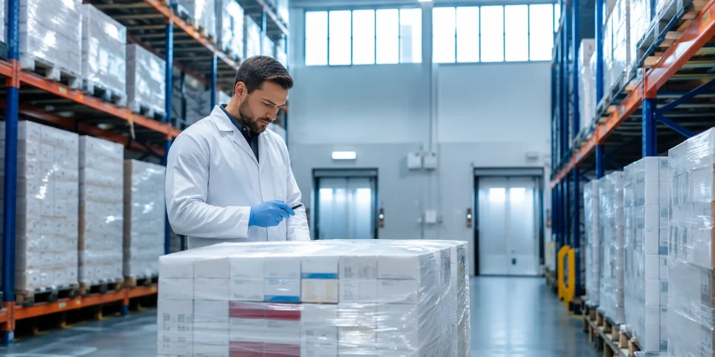 GDP compliant pharmaceutical wholesale UK partner inspecting temperature-controlled medicine shipments in an MHRA licensed warehouse