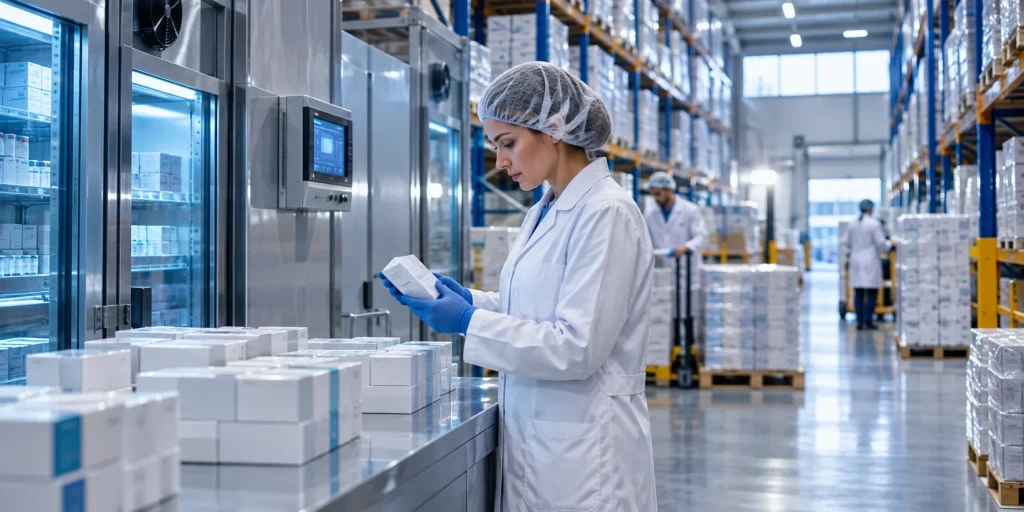 GDP compliant pharmaceutical wholesale UK quality pharmacist inspecting sealed medicine cartons in a temperature-controlled warehouse